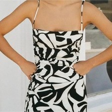 Black White Abstract Print Mini Dress Spaghetti Strap Bodycon (Size small)