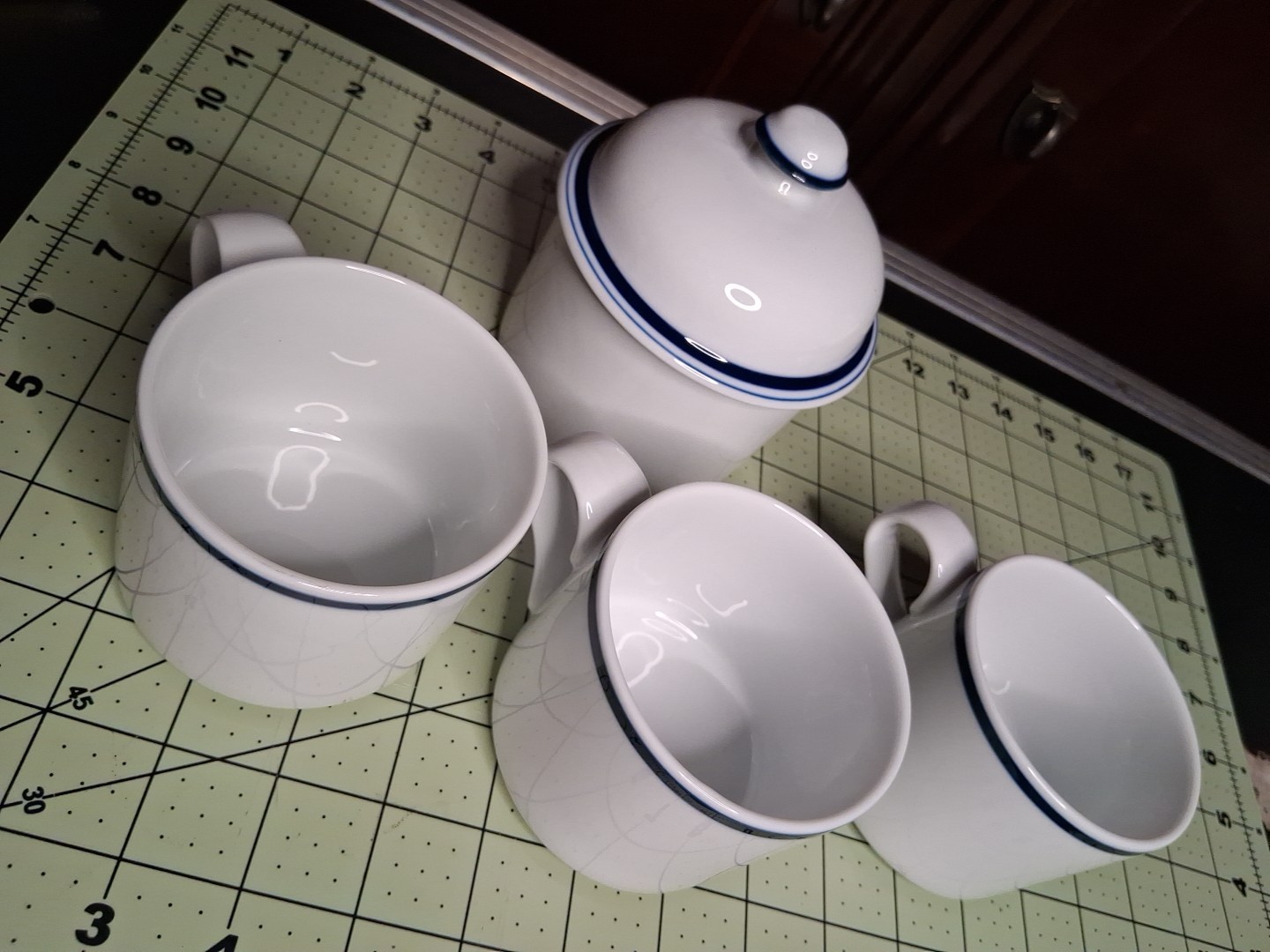 Set of 3 Dansk BISTRO Christianshavn Blue Stripe Cups and Sugar Bowl with Lid