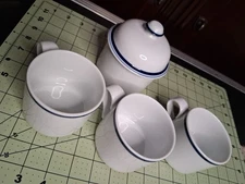 Set of 3 Dansk BISTRO Christianshavn Blue Stripe Cups and Sugar Bowl with Lid