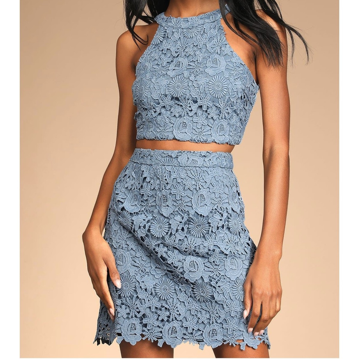 Lulus Loveliest Romance Blue Crochet Lace Halter Two Piece Mini Dress Sz  Sml | eBay