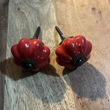 2 Vintage Red Ceramic Pumpkin Drawer Cabinet Pull Handle Knob 2"