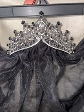 Gothic Bride Black metal Tiara Crown With Attached Veil Skull Design Goth Diadem
