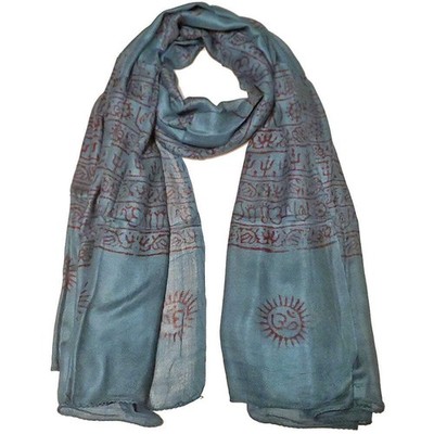Blue Om Print Scarf Lightweight Boho Asian Symbol Wrap