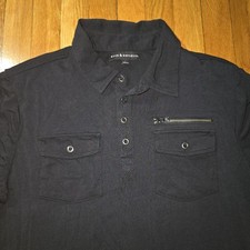 Rock and Republic Men's L Black Short Sleeve Polo Collared Shirt Zipper Pockets