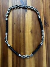 Stainless Steel Men s Thick Link Necklace Chain Black Leather Silver Tone 24"