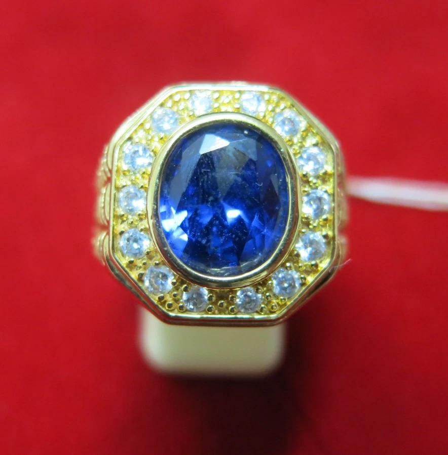 Men's 18k Micron Gold Ring Blue Sapphire Gemstone Cubic zirconia Size 10 Open - Image 3 of 4