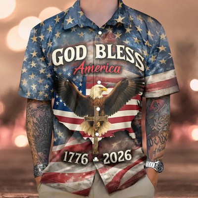 God Bless America 1776-2026 Patriotic Bald Eagle Hawaiian Shirt USA 250th