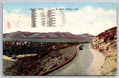 El Paso, TX, Scenic Drive, Old Cars, Vintage Postcard