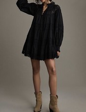Anthropologie $158 Maeve Long Sleeve Mini Dress Black Eyelet Babydoll Whimsigoth