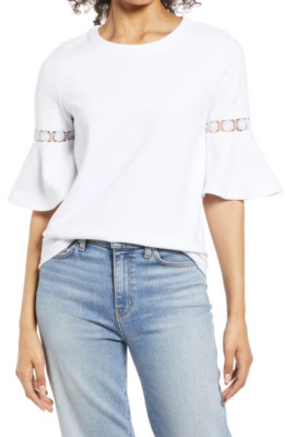 Everleigh Lace Accent Bell Sleeve Cotton Blend Knit Top In White Women's Size S
