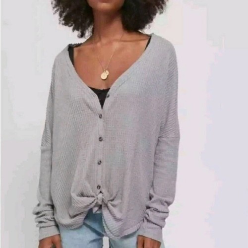 Gray Waffle Knit Tie Hem Button 