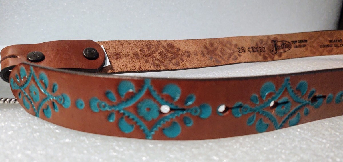 Justin Boots Native Heart belt aged bark brown leather turquoise heart - size 34 Justin Boots Leather Blue Belts for Women for sale | eBay main image 2