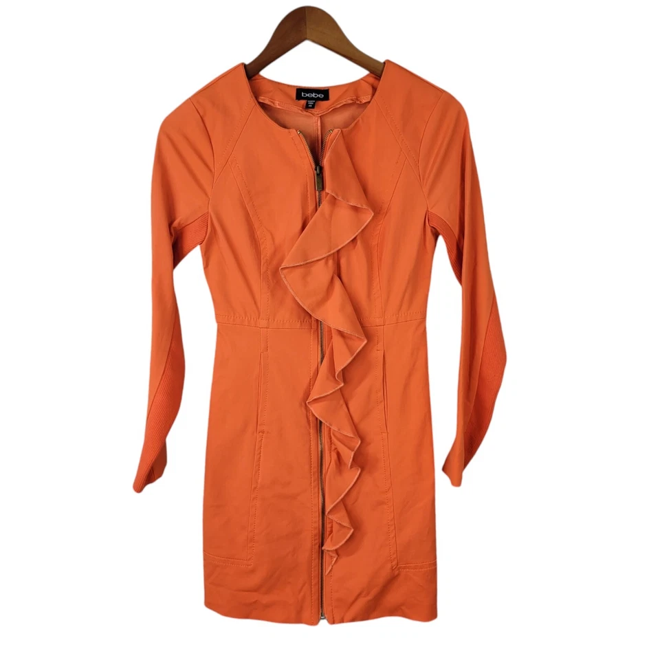 Bebe Temted 橙色夹克连衣裙 XS 码全拉链长袖荷叶边正面 — 第 2/4 张图片