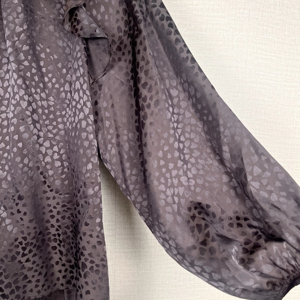 Shoshanna Large Silk Brown Satin Animal Heart Print Ruffled Blouse Top - Image 4 of 4