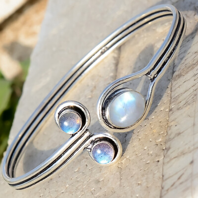Moonstone Labradorite Gemstone Bracelet 925 Sterling Silver Cuff Handmade Bangle