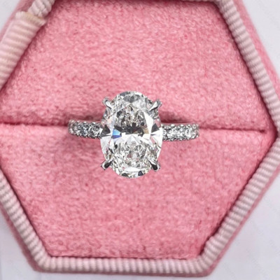 2.88Ctw Oval Cut Moissanite Hidden Halo Engagement Ring In 14K White Gold Plated