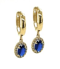 14k Yellow Gold Halo Oval Shaped Birthstone Huggie Earrings for Women