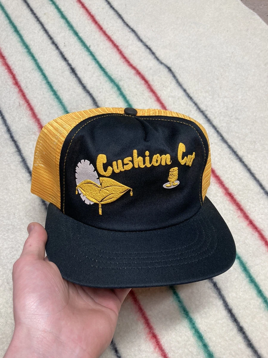 Vintage mesh trucker hat made in USA black yellow puff print cushion cut 80s