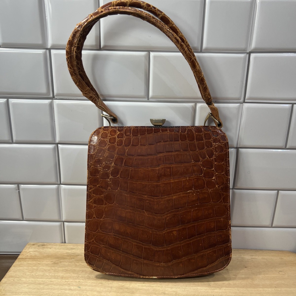 Vintage Handcrafted Caiman Crocodile Caramel Brown Shoulder Bag | eBay