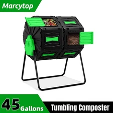 Marcytop Compost Bin 45Gal Dual-Chamber Composter Tumbler Rotating Sliding Doors