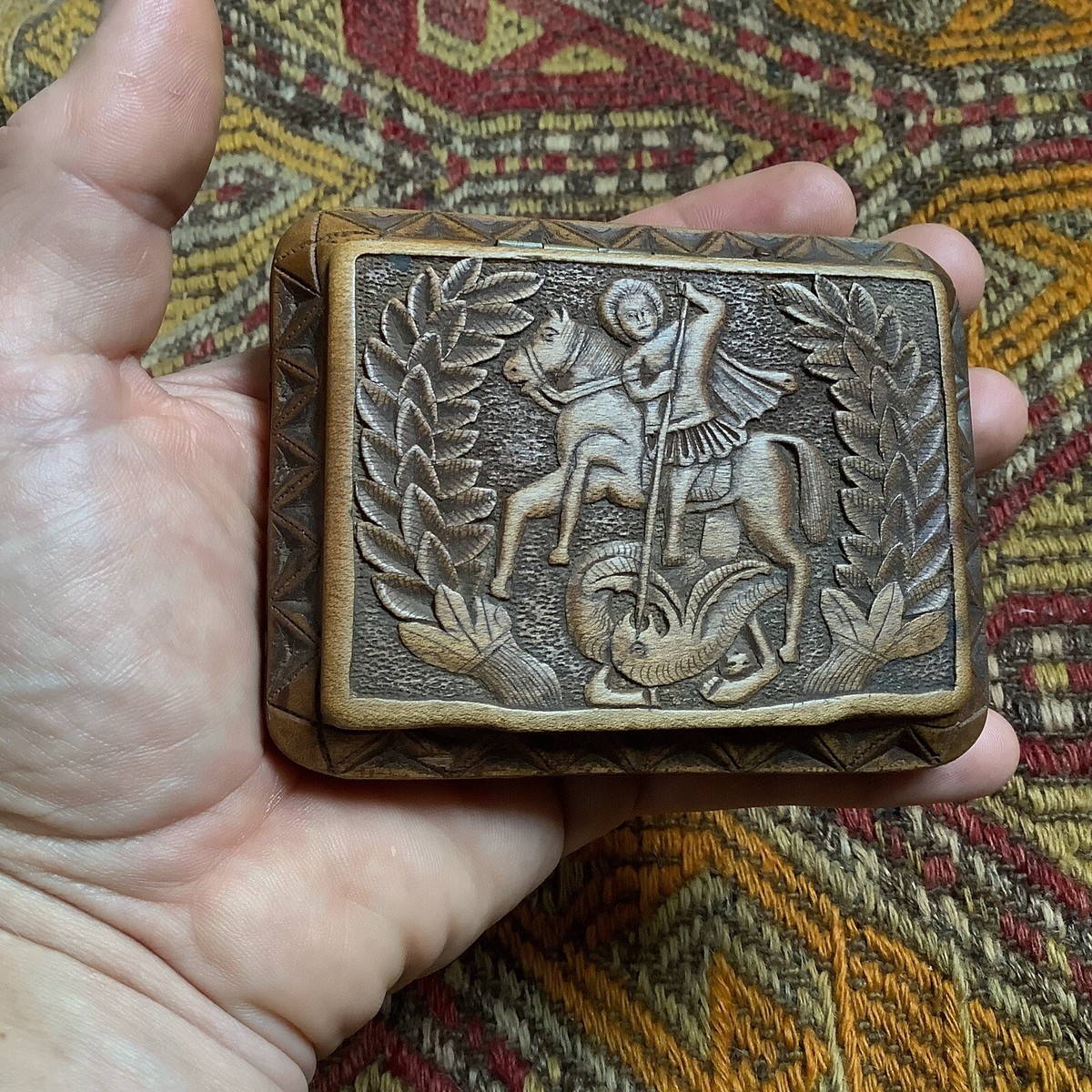 Saint George Dragon Horse Snuff Cigarette Walnut Wood Antique Black Forest  Box