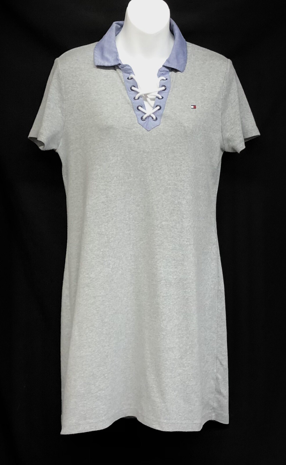 Tommy Hilfiger Size Medium Gray Lace-Up T-Shirt Womens Soft Cotton Dress W/Logo