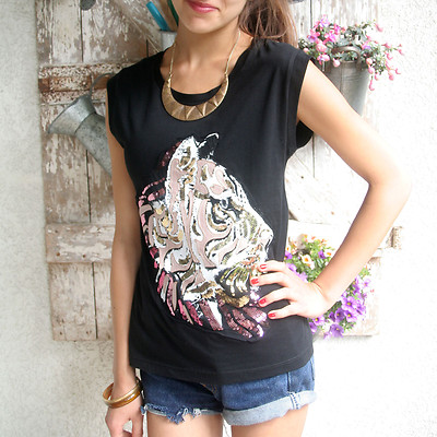 Marken TOP Shirt SCHWARZ TIGER Druck Pailletten Blink Gr.32