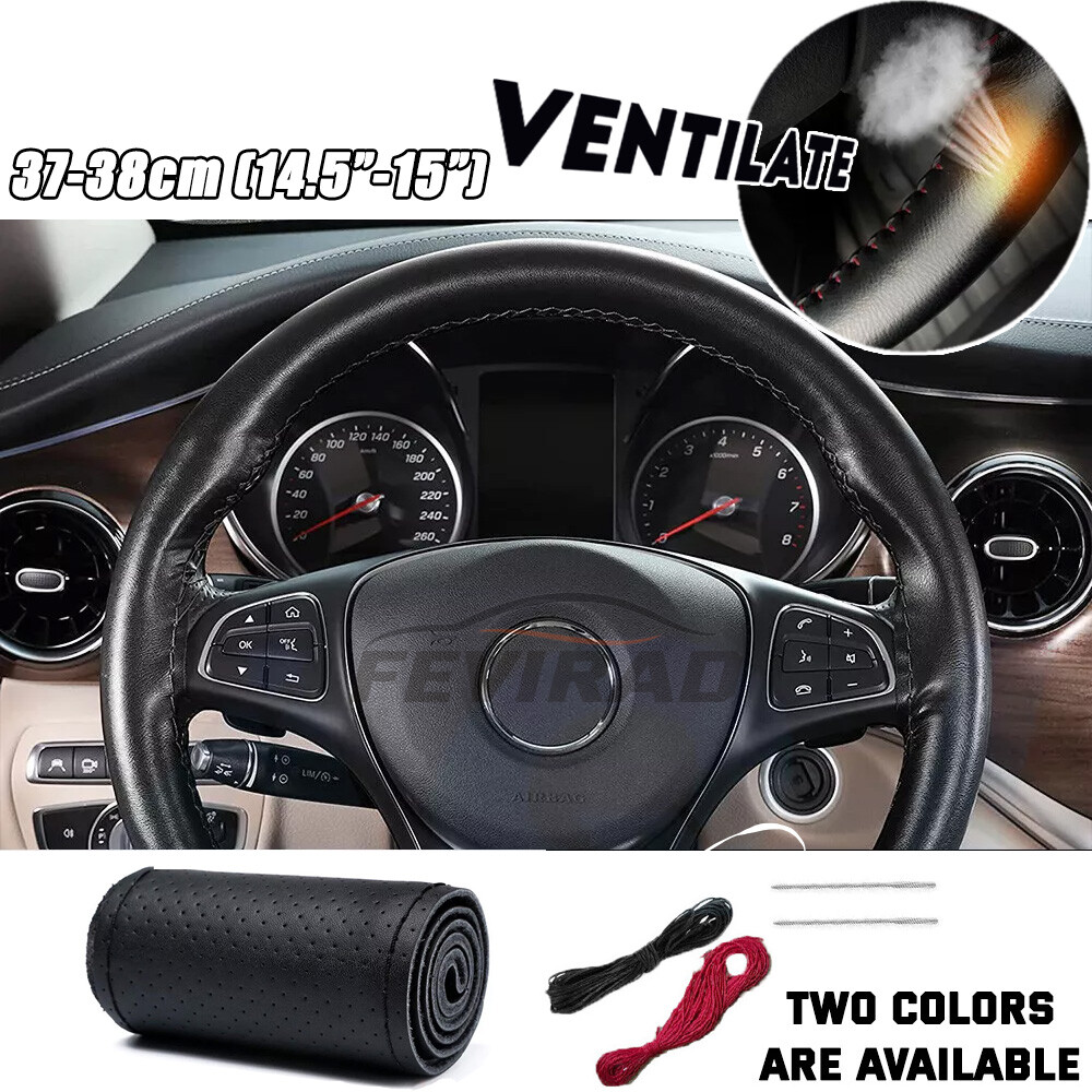 Genuine Anti-Slip Black Leather DIY Steering Wheel Cover for 15