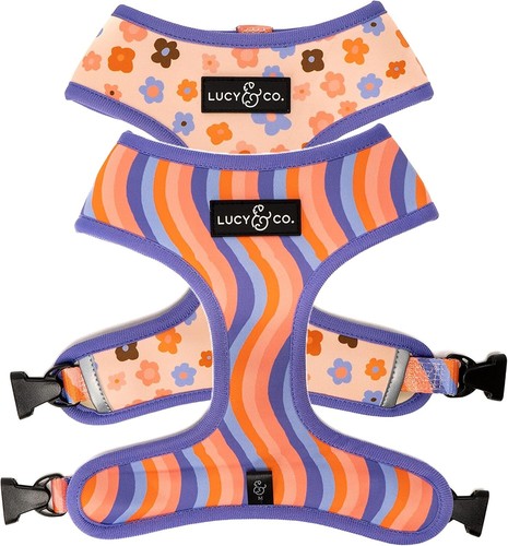 Lucy & Co.Purple with Coral Floral Reversible Dog Harness, The Looking Sharp XL