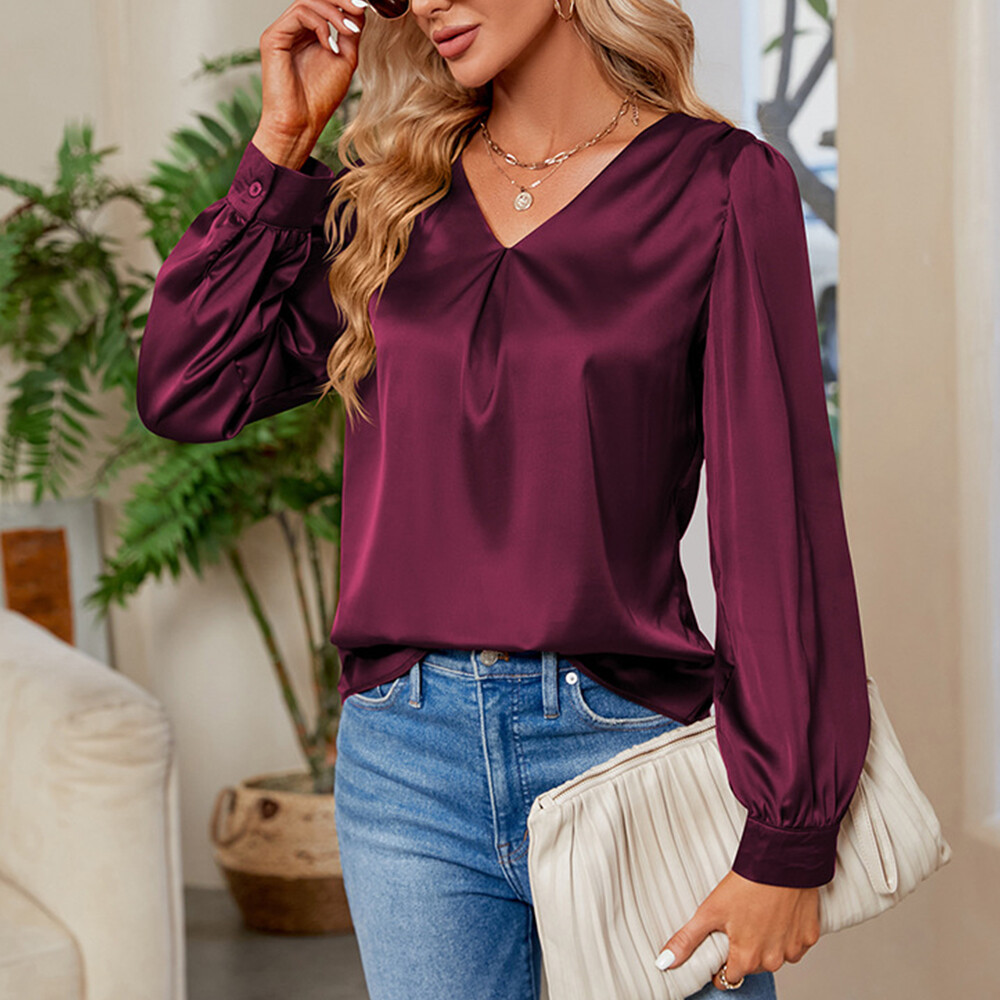 Damen Elegant Bluse Hemd Satin Tunika Oberteile V-Neck Langarm