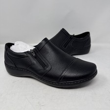 733 Clarks Cora Giny Loafer Flat Womens Black Tumbled Smooth Leather, Size 10 XW