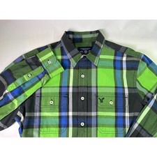 American Eagle Athletic Fit Mens Medium Green Blue Plaid Long Sleeve Button Down