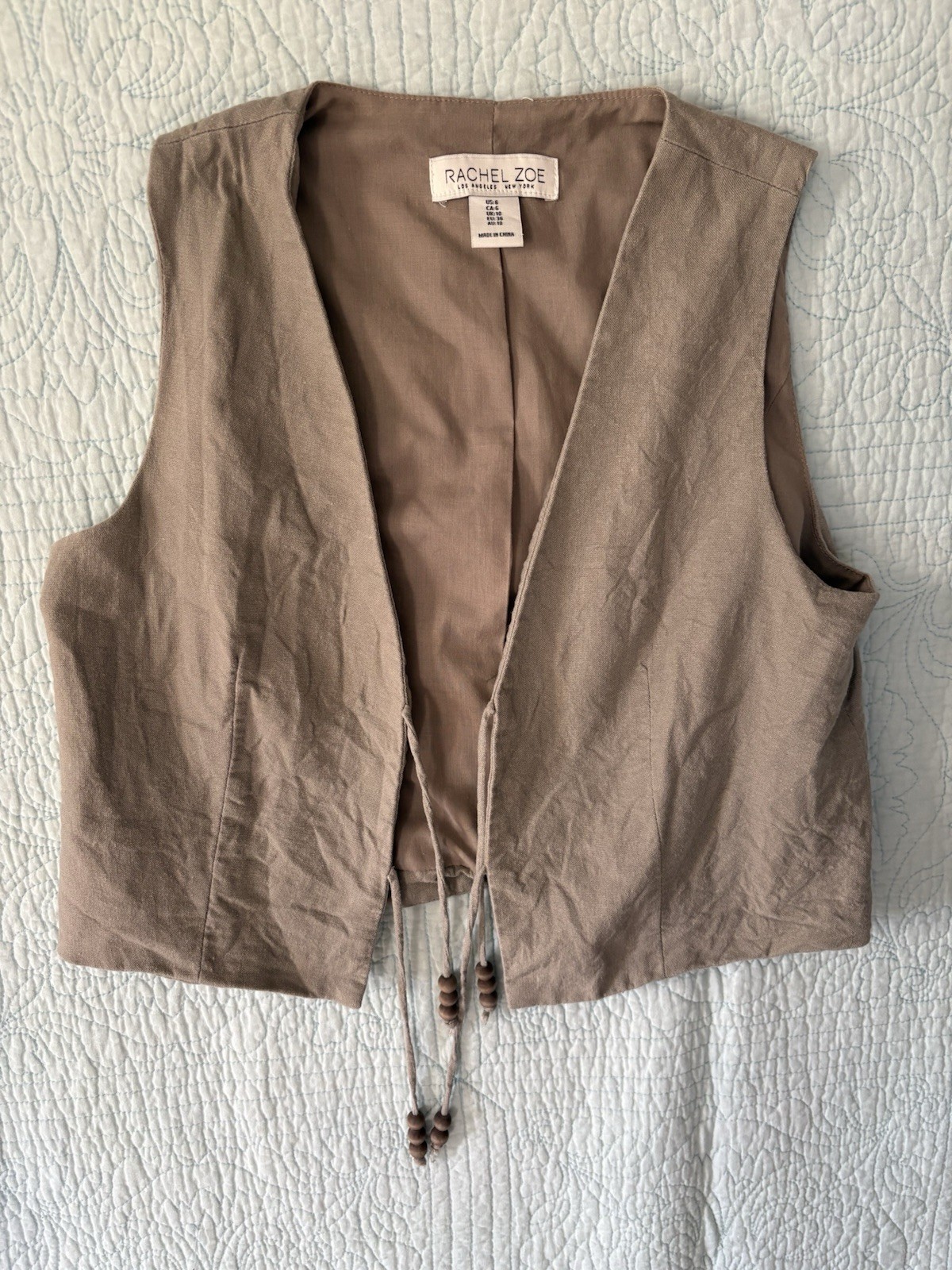 Rachel Zoe Linen Front Tie Vest Tan Beige Beaded Ties Size 6