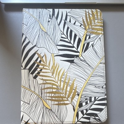 Folding Folio Tablet Case Gold Black Leaf Pattern Synthetic Leather 