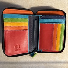Mywalit Med. Zip Around Leather Purse Wallet Black Rainbow 20+ Card Pockets