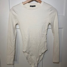 Zara White Ribbed Long Sleeve Bodysuit Womens Small