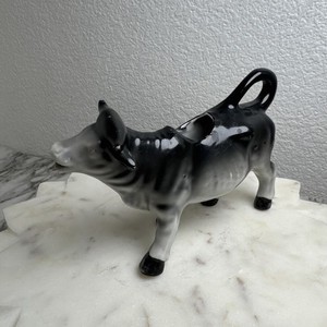 Vintage German Ceramic Cow Tail Handled Creamer-Black-Gray-White