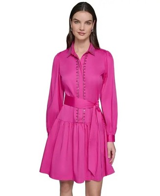 KARL LAGERFELD PARIS Embellished Shirt Dress Women's 12 Hot Pink Button Front