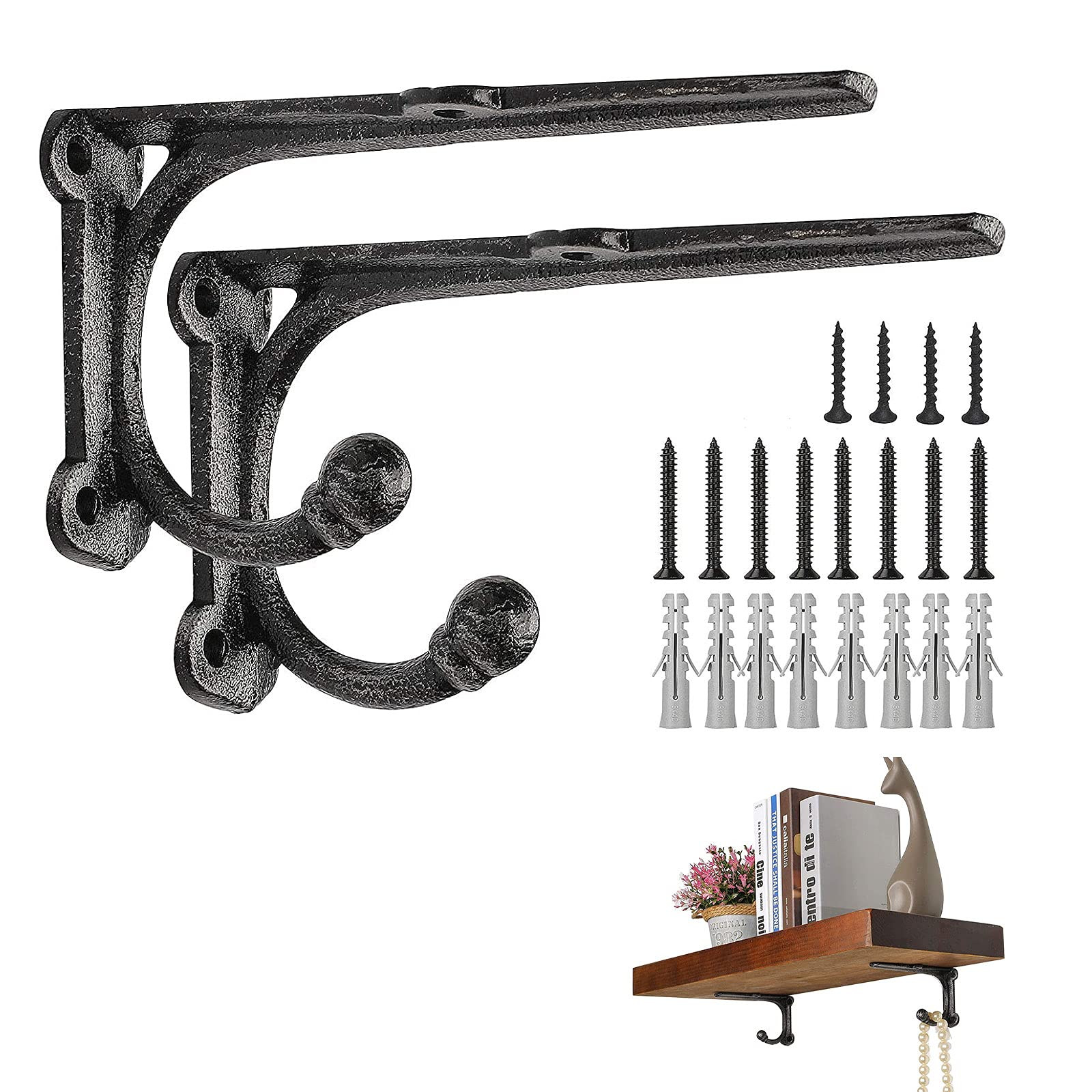 Black Cast Iron Rustic Shelf Brackets with Hooks & Supports