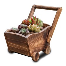 WOODEN WHEEL BARROW PLANTER MODERN GARDEN BURNT WOOD FLOWER CART ORNAMENTAL POT