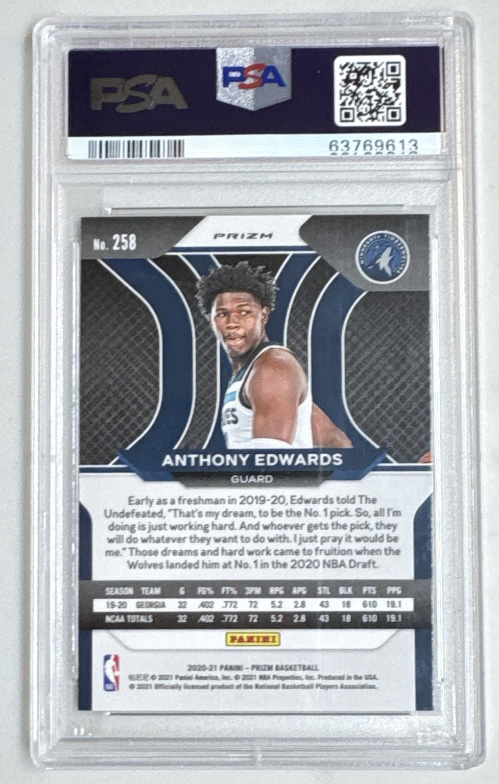 2020 Panini Prizm Anthony Edwards Silver #258 Rookie RC PSA 10 Timberwolves view 2