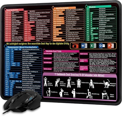 Anti-Rutsch Mauspad 25x30cm Gaming Mousepad Excel Shortcuts Unterlage Deutsch