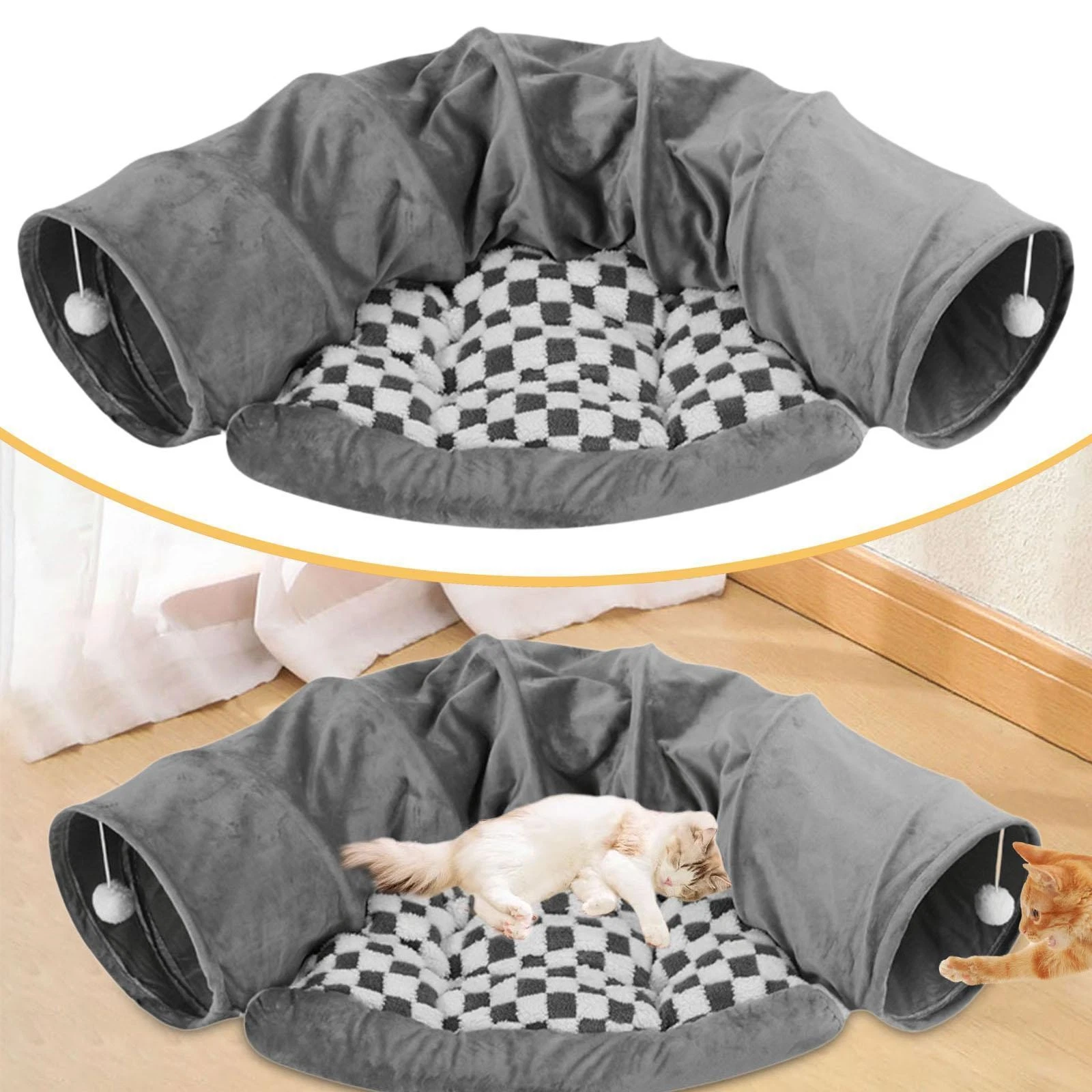 2 in 1 Cat Play Tunnel Bed Hideout Lightweight Kitty Training Interactive Toy