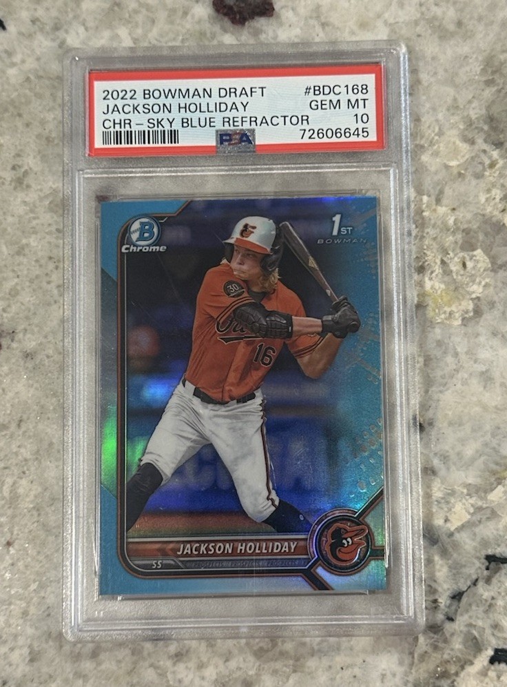 2022 Bowman Draft Chrome Jackson Holliday #BDC168 Sky Blue Refractor (RC) PSA 10