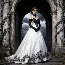 Gothic Black White Wedding Dresses Sweetheart Lace-Up Corset Vintage Satin Gowns