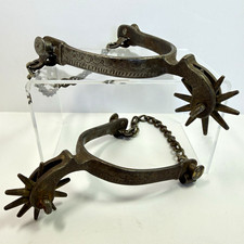 Antique Pair of Bauermann Cowboy Rowel Spurs Pair w/ Chains Engraved Late 1800&rsquo;s