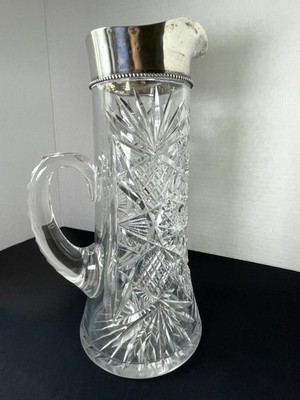 Estate GILDED AGE Lead Crystal Cut PITCHER with Heavy Sterling Mount - 10 1/4''