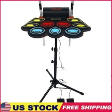 Electronic Roll Up Drum Kit W/ Stand Lights Double Pedal Rechargeable Battery US