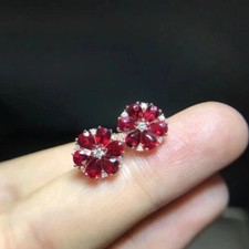 1.25Ct Pear Cut Lab-Created Red Ruby Flower Stud Earrings 14K White Gold Plated