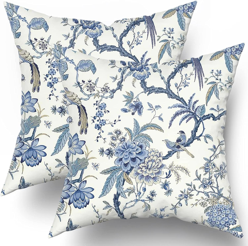 Chinoiserie Pillow Covers Set of 2 Blue and White Outdoor Pillows Bule Birds Flo